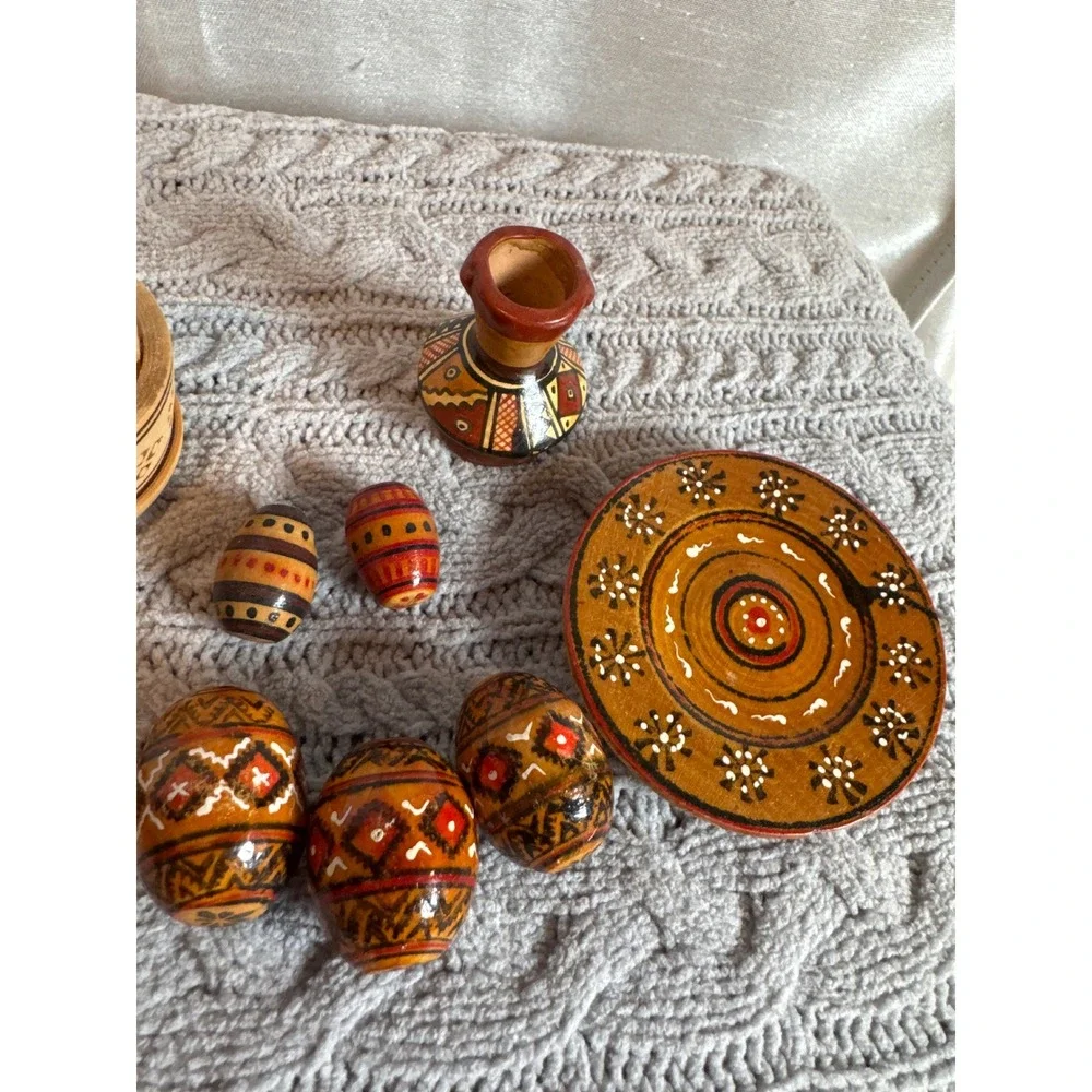 Hand Painted Wooden Nesting Eggs Vases Plate Set Folk Art‎ Decor